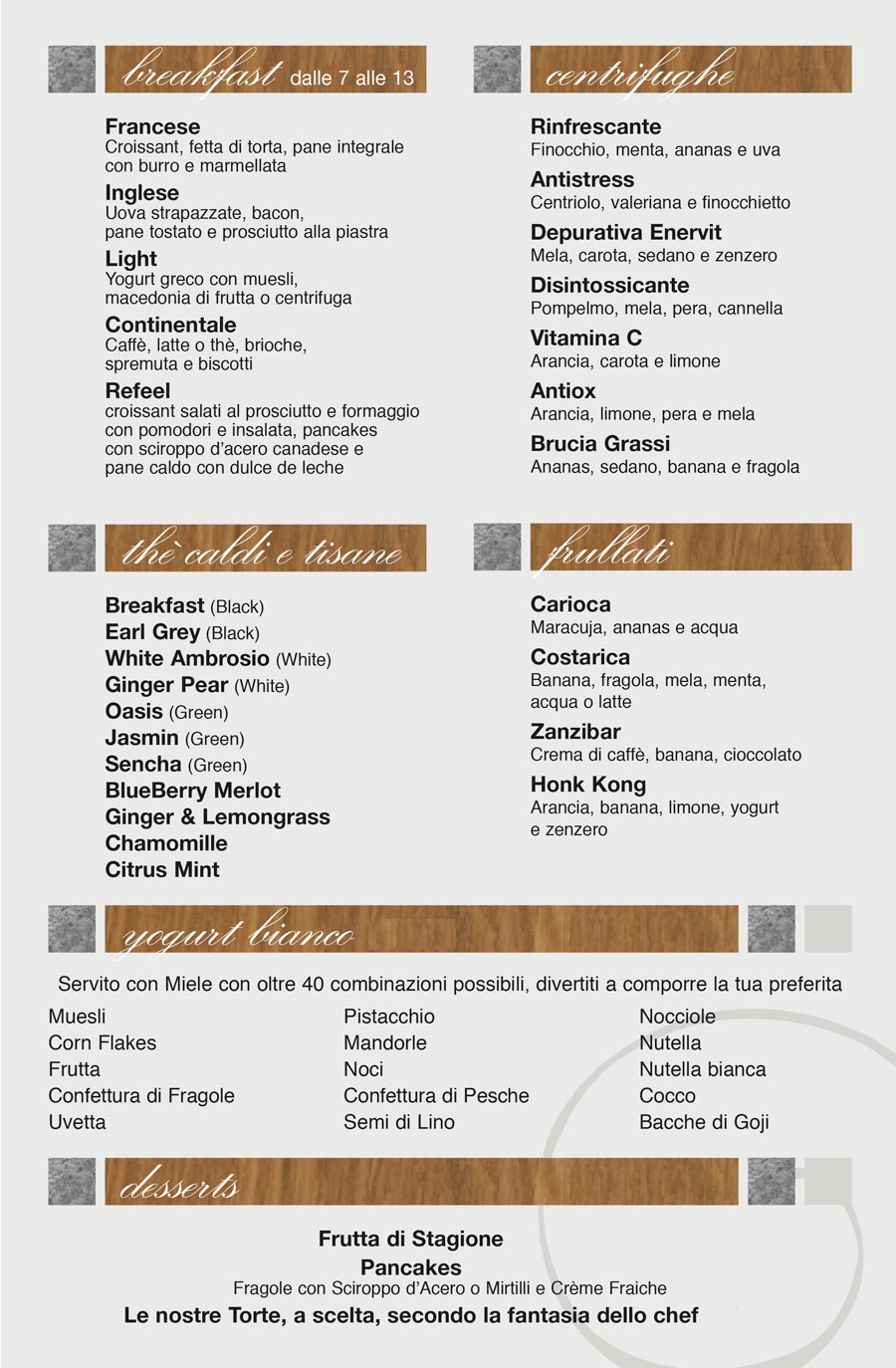 menu diviso per categorie su carta grigia